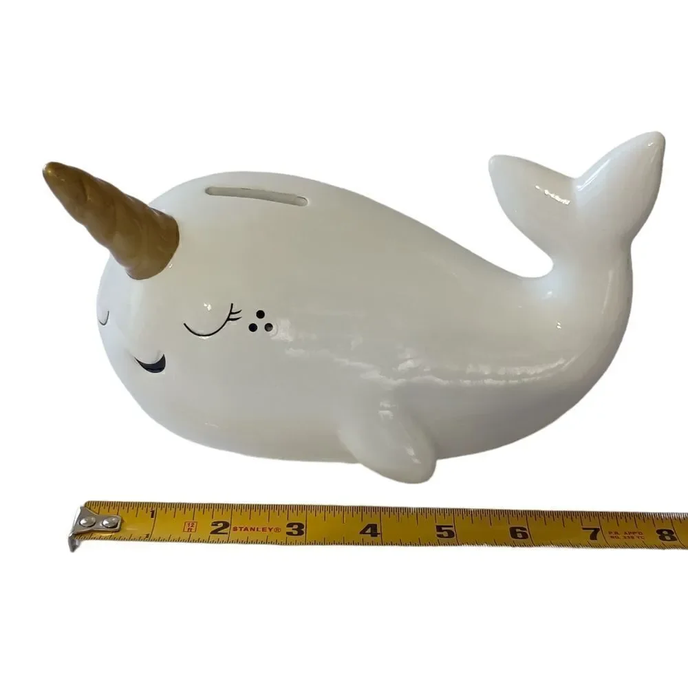 Target‎ Narwhal Bank Ceramic White Pillowfort Piggy Coin Figurine Coastal Beach.